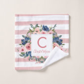 Niedliche Rosa Streifen Navy Blue Floral Monogram Badhandtuch Set (Waschlappen)