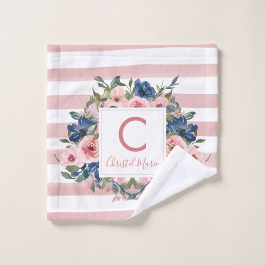 Niedliche Rosa Streifen Navy Blue Floral Monogram Badhandtuch Set (Waschlappen)