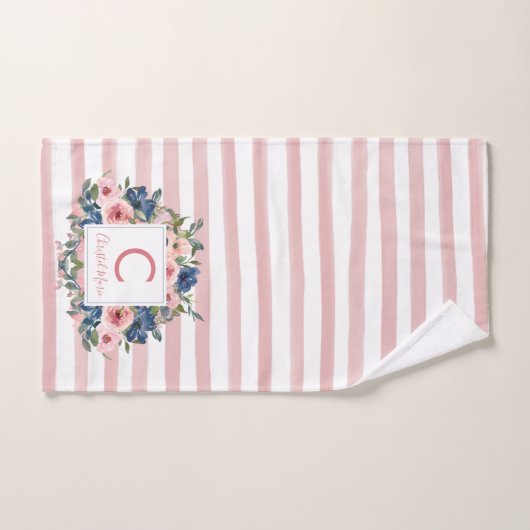 Niedliche Rosa Streifen Navy Blue Floral Monogram Badhandtuch Set (Handtuch)