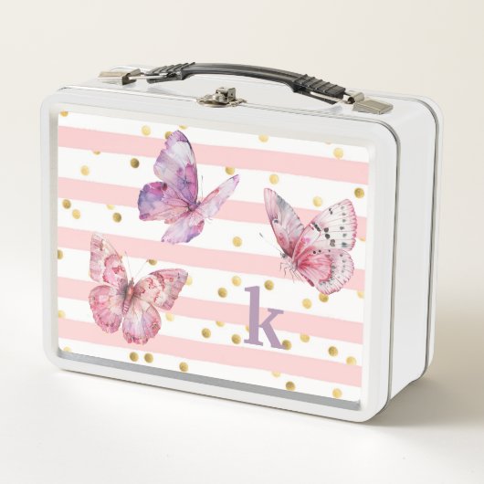 Niedliche rosa Streifen Schmetterlinge und Monogra Metall Brotdose (Vorderseite)