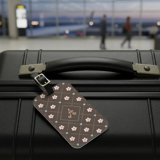 Niedliche rosa und blaue Blume Kariert auf braun Gepäckanhänger