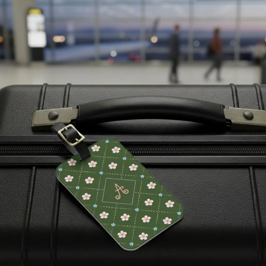 Niedliche rosa und blaue Blume Kariert auf dunkelg Gepäckanhänger