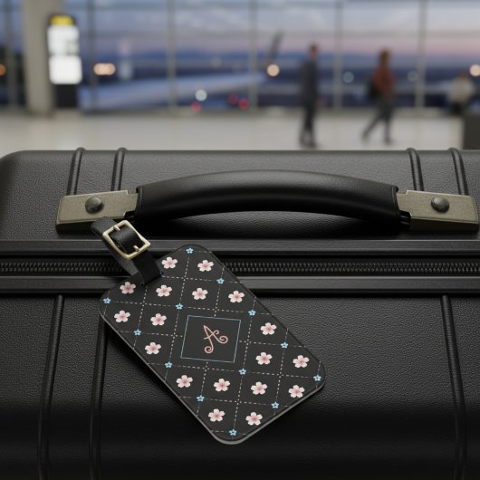 Niedliche rosa und blaue Blume Kariertes Muster au Gepäckanhänger