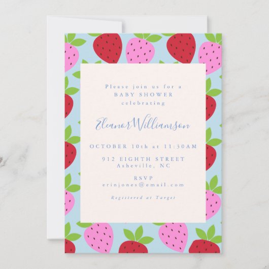 Niedliche Rosa und Blaue Erdbeere Fruchtdusche Einladung (Vorderseite)
