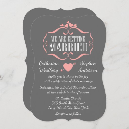 Niedliche rosa und graue HochzeitsHerzen - grau Einladung (Vorne/Hinten)