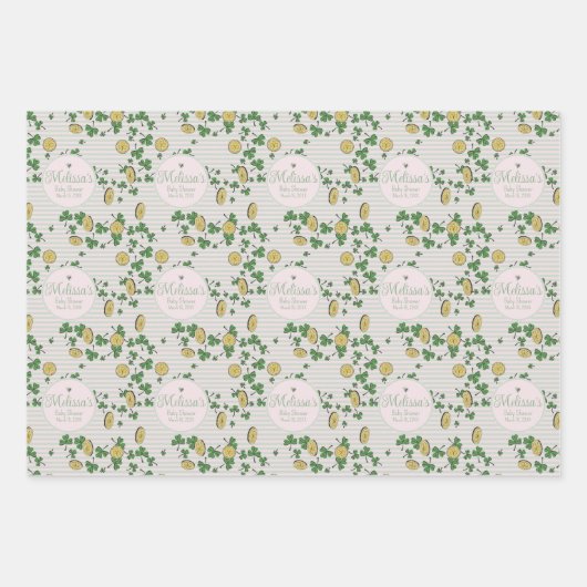 Niedliche Rosa und Grüne Clovers Irische Babydusch Geschenkpapier Set (Vorderseite)