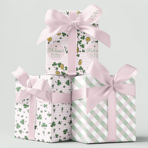 Niedliche Rosa und Grüne Clovers Irische Babydusch Geschenkpapier Set