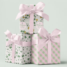 Niedliche Rosa und Grüne Clovers Irische Babydusch Geschenkpapier Set