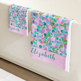 Niedliche Rosa und Grüne Frösche Individuelle Name Badhandtuch Set