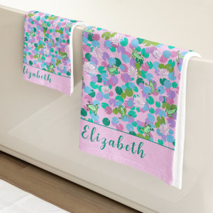Niedliche Rosa und Grüne Frösche Individuelle Name Badhandtuch Set