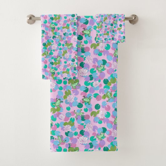 Niedliche Rosa und Grüne Frösche und Lily Pads Gir Badhandtuch Set (Insitu)