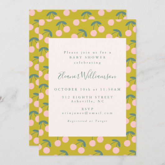 Niedliche Rosa und grüne Kirschfruchtdusche Einladung (Vorne/Hinten)