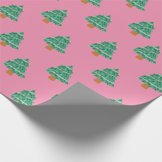 Niedliche, rosa und grüne Weihnachtsbaummuster Geschenkpapier (Ecke)