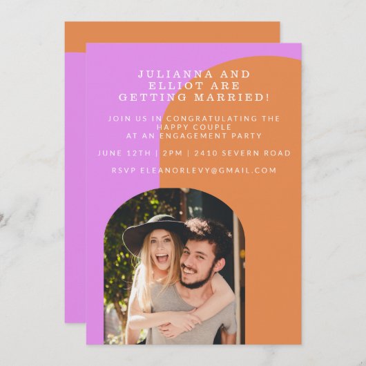 Niedliche, rosa und orangefarbene Retro-Foto-Engag Einladung (Vorne/Hinten)