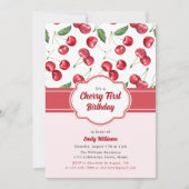 Niedliche Rosa und Rote Kirsche zum ersten Geburts Einladung (Vorderseite)