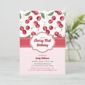 Niedliche Rosa und Rote Kirsche zum ersten Geburts Einladung (Stehend Vorderseite)