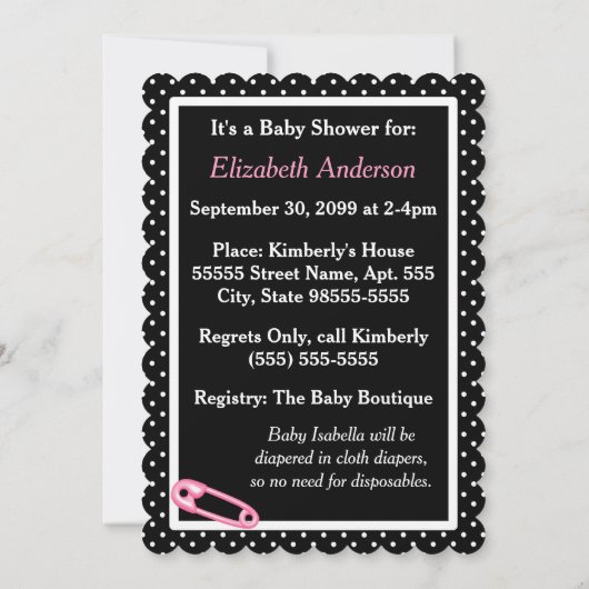 Niedliche Rosa- und Schwarz-Button-Kinderdusche Einladung (Rückseite)
