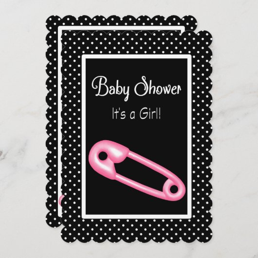 Niedliche Rosa- und Schwarz-Button-Kinderdusche Einladung (Vorne/Hinten)