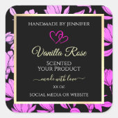 Niedliche, rosa und schwarze Blumenmarken Quadratischer Aufkleber (Vorderseite)