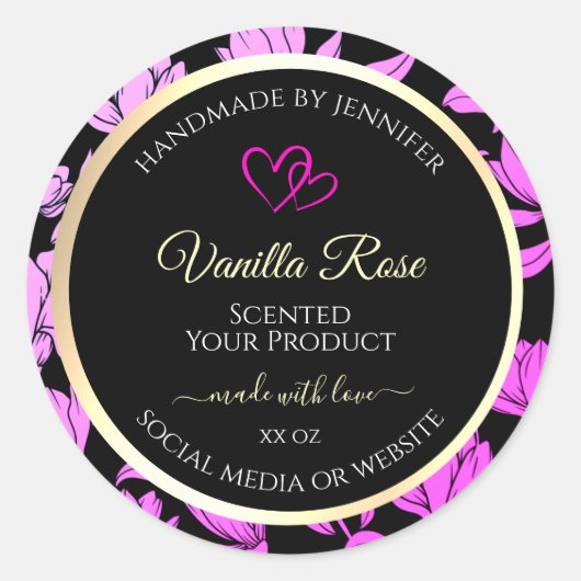 Niedliche, rosa und schwarze Blumenmarken Runder Aufkleber (Vorderseite)