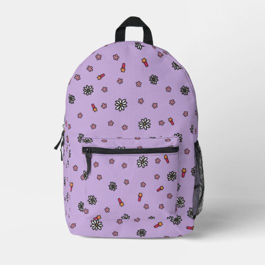 Niedliche rosa und weiße Blüten mit lila Sternen Bedruckter Rucksack (Vorderseite)