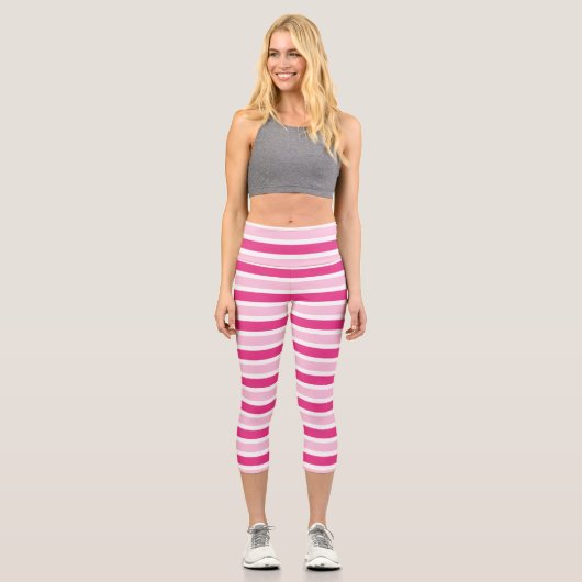 Niedliche, rosa und weiße Streifen Capri Leggings (Vorderseite)
