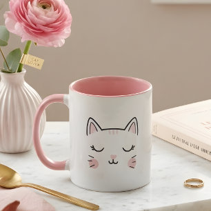 Niedliche rosa und weiße Tasse mit schlafendem Kat
