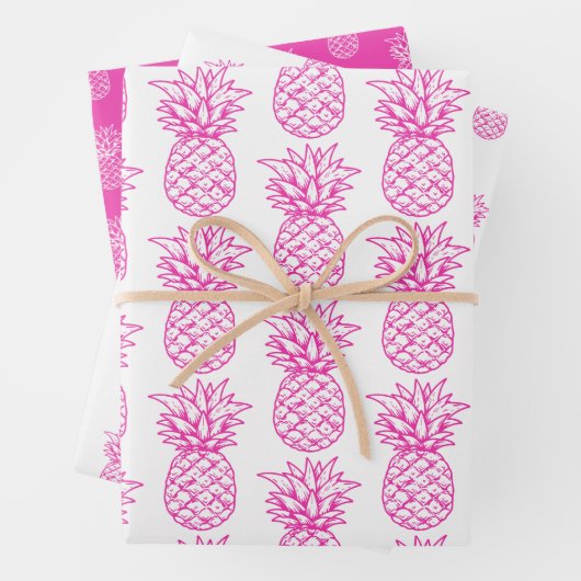 Niedliche, rosa und weiße tropische Ananas Geschenkpapier Set (Beispiel)