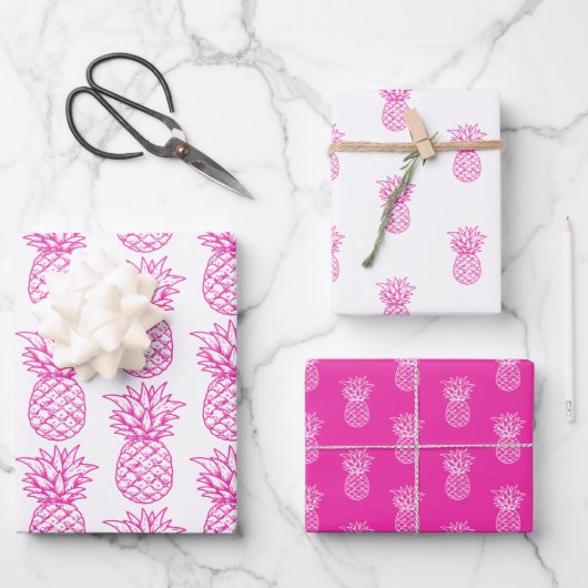 Niedliche, rosa und weiße tropische Ananas Geschenkpapier Set (Vorderseite)