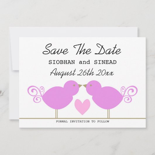 Niedliche rosa Vögel Lesben Hochzeit speichern das Save The Date (Vorderseite)