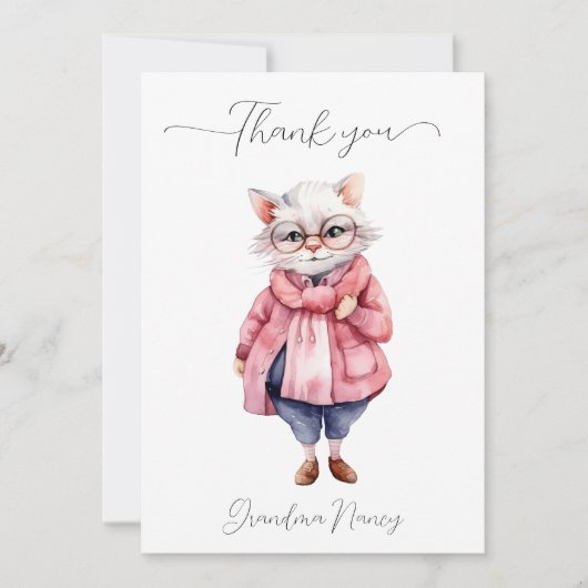 Niedliche Rosa Wasserfarbe Alte Granny Katze Dankeskarte (Vorderseite)