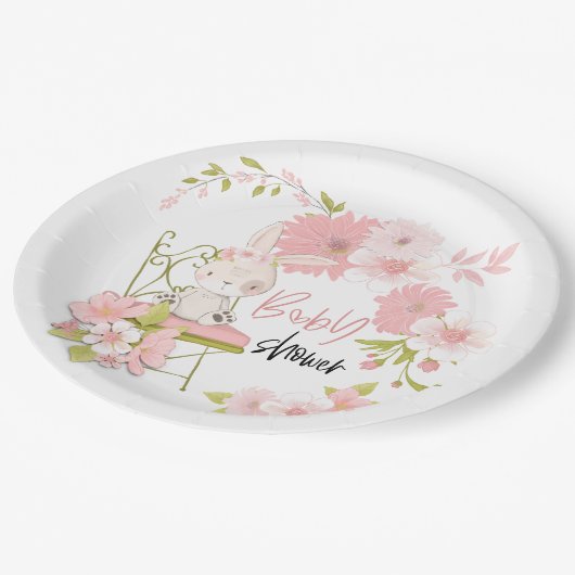 Niedliche, rosa, weiße Blütenrahmendusche Pappteller (Schrägansicht)