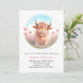 Niedliche Rosa Wildblume Hochland Kuh Girl Babydus Einladung (Stehend Vorderseite)