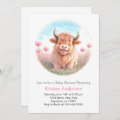 Niedliche Rosa Wildblume Hochland Kuh Girl Babydus Einladung (Vorne/Hinten)