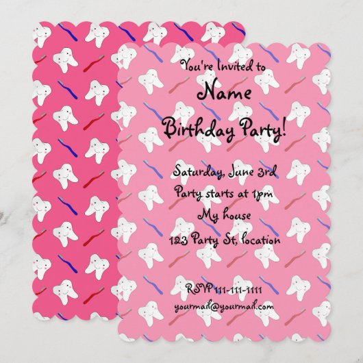 Niedliche rosa Zahnburgen und Zahnmuster Einladung (Vorne/Hinten)