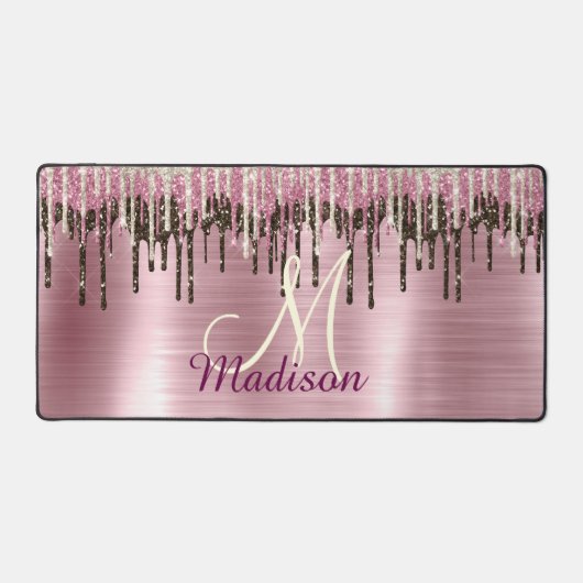 Niedliche Rose Gold Brown Glitzer Tropfen Monogram Schreibtischunterlage (Vorderseite)