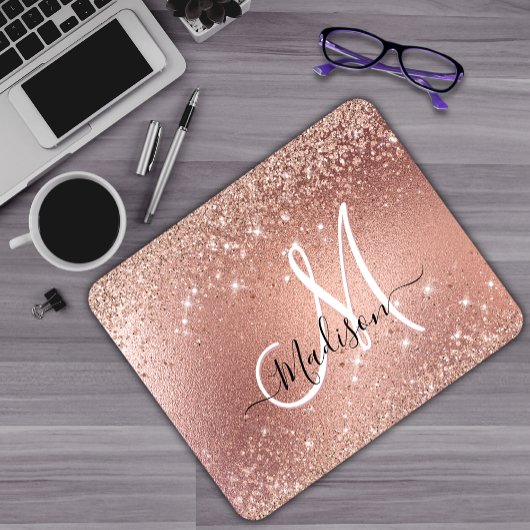 Niedliche Rose Gold Imitate Glitzer Monogramm Mousepad
