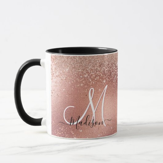 Niedliche Rose Gold Imitate Glitzer Monogramm Tasse (Links)
