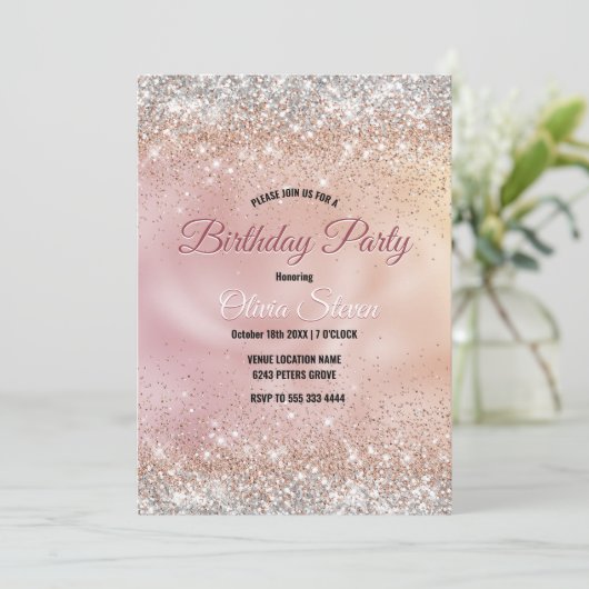 Niedliche Rose Gold Imitate Silber Glitzer Monogra Einladung (Stehend Vorderseite)