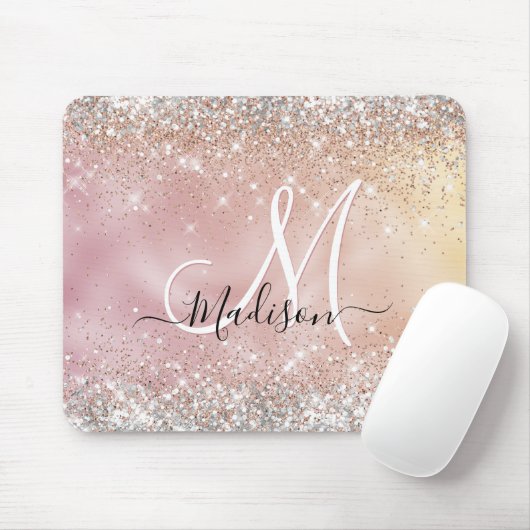 Niedliche Rose Gold Imitate Silber Glitzer Monogra Mousepad (Mit Mouse)