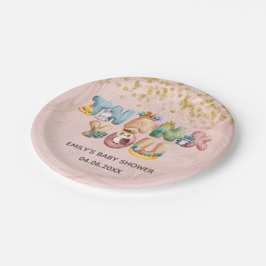 Niedliche Rose Gold Marmor Baby Dusche Tier Vielen Pappteller (Schrägansicht)