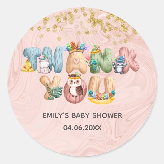 Niedliche Rose Gold Marmor Baby Dusche Tier Vielen Runder Aufkleber (Vorderseite)