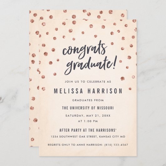 Niedliche Rose Gold Polka Dot Graduation Einladung (Vorne/Hinten)