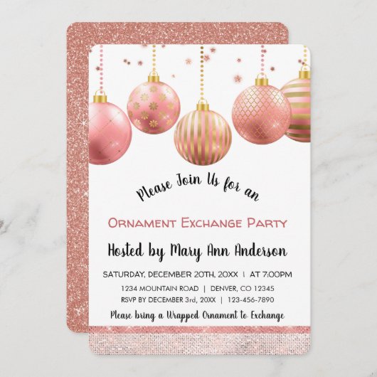 Niedliche Rose Gold Sparkle Ornament Exchange Part Einladung (Vorne/Hinten)