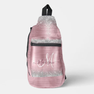 Niedliche Rose Schwarze Imitat Glitzer Monogramm Crossbody Bag
