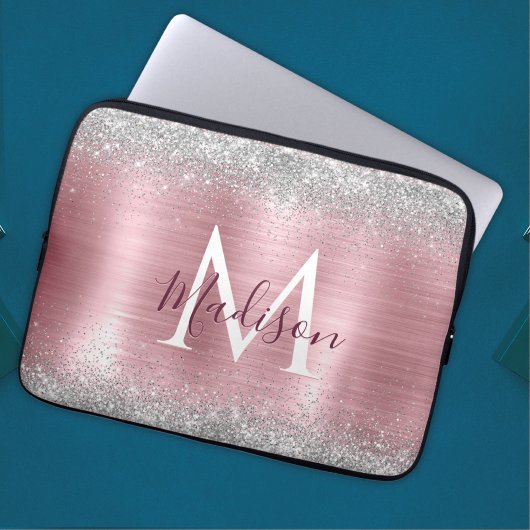Niedliche Rose Schwarze Imitat Glitzer Monogramm Laptopschutzhülle