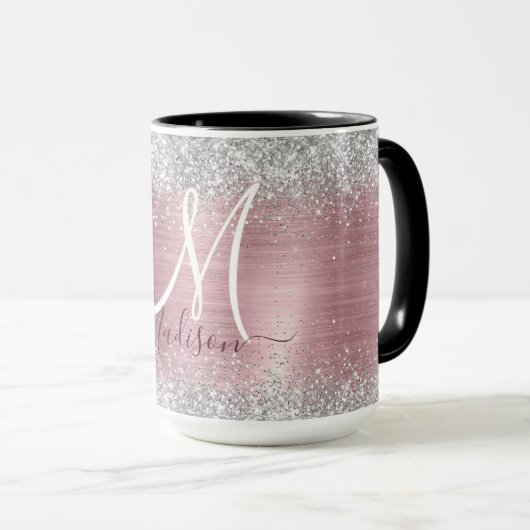 Niedliche Rose Schwarze Imitat Glitzer Monogramm Tasse (VorderseiteRechts)