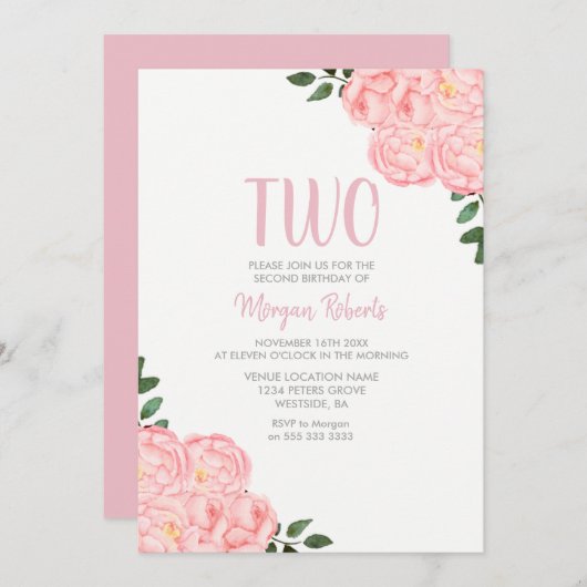 Niedliche Rosenmädchen 2. Geburtstag Party Einladu Einladung (Vorne/Hinten)