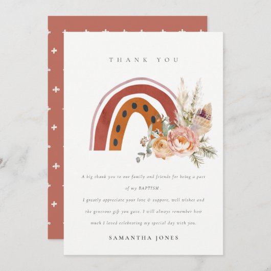 Niedliche Rost Orange Boho Bläsernieder Kreuztaufe Dankeskarte (Vorne/Hinten)