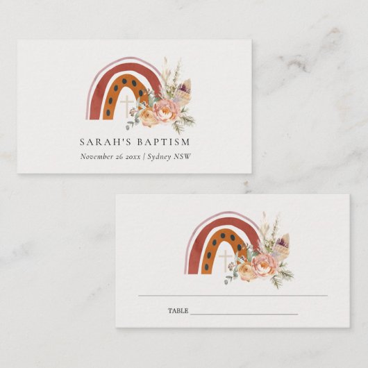 Niedliche Rost Orange Boho Bläsernieder Kreuztaufe Platzkarte (Vorne/Hinten)